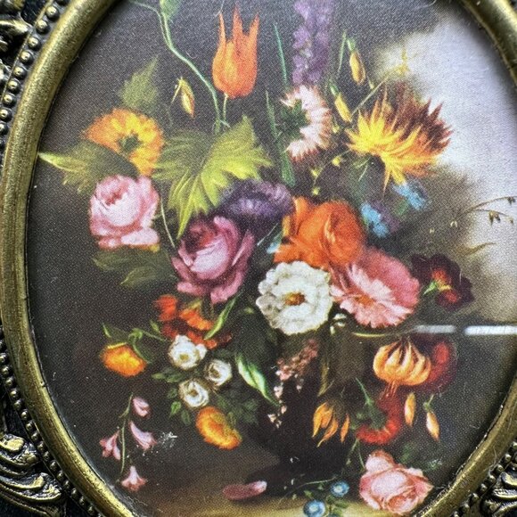 Vintage Italian Floral Pictures Ornate Metal Frames Wall Hangings Mid Century - Picture 5 of 8